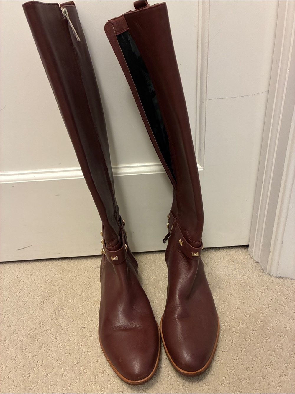 Ted Baker Burgundy Leather Studded Ankle Strap Tall Riding Boots Size 36 ⭐️